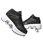 Double-Row Deform Wheel Automatic Walking Shoes Invisible Deformation Roller Skate 2 in 1 Removable Pulley Skates Skating Parkour (Black high, US 10.5)