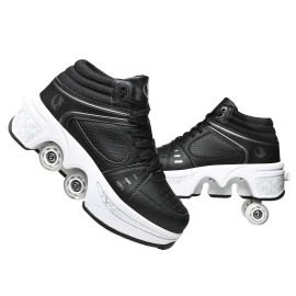 Double-Row Deform Wheel Automatic Walking Shoes Invisible Deformation Roller Skate 2 in 1 Removable Pulley Skates Skating Parkour (Black high, US 10.5)