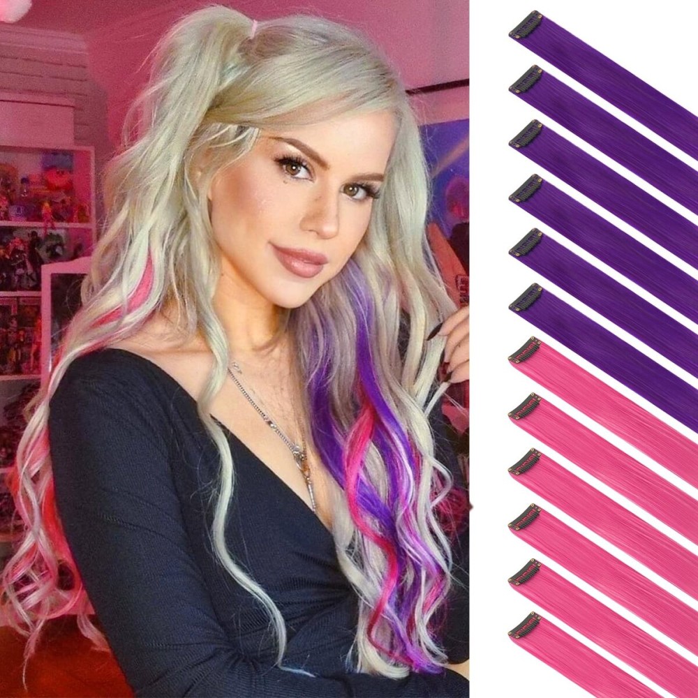 FESHFEN Colored Clip in Hair Extensions - 12 PCS Lilac Purple and Rose Pink Highlighted Hair Piece Straight Synthetic Clip in Hairpieces for Women 22 inch