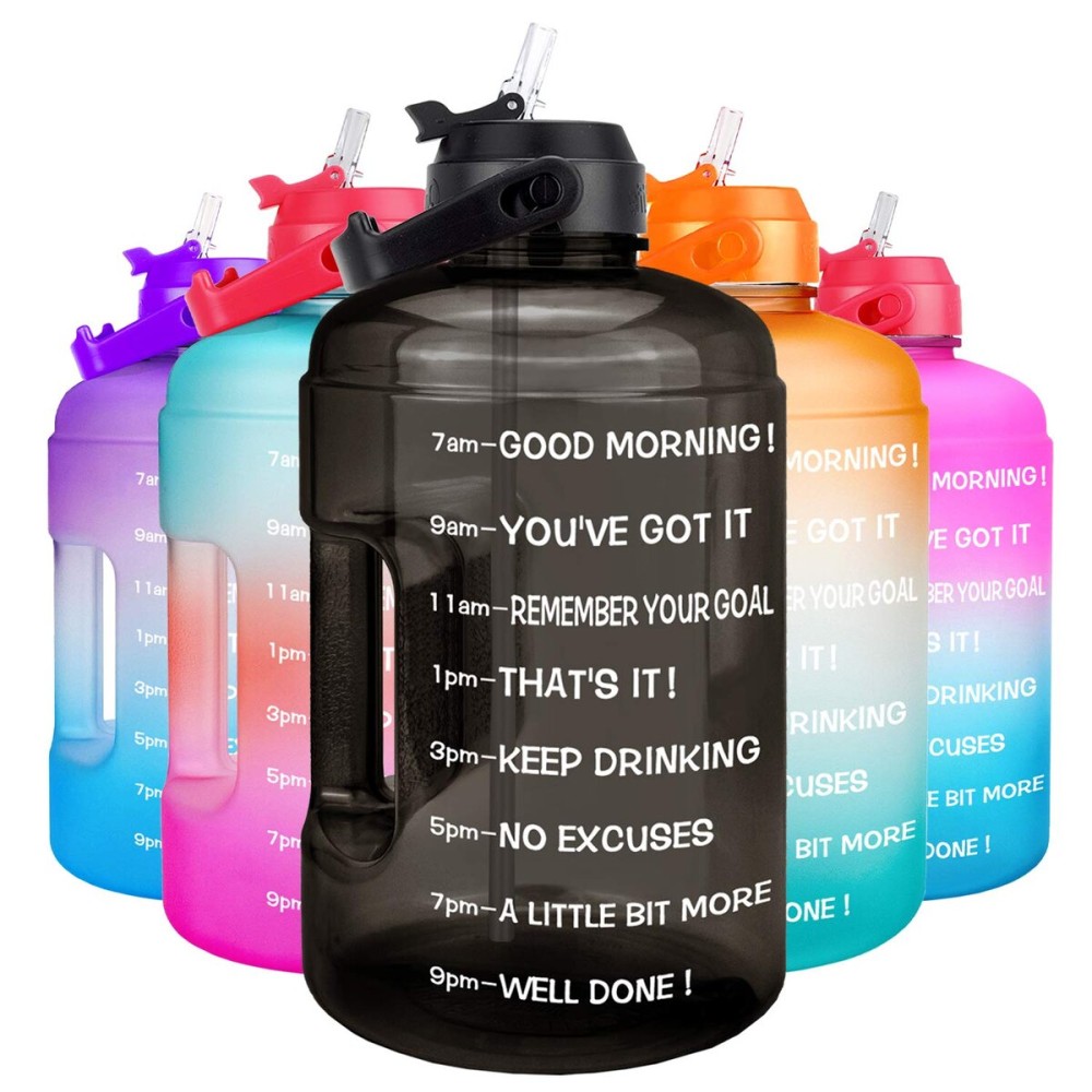 QuiFit Half Gallon Water Bottle - with Straw & Motivational Time Marker Leak-Proof BPA Free Reusable Gym Sports Outdoor Large(73OZ) Capacity Water Jug(Black,Half Gallon)
