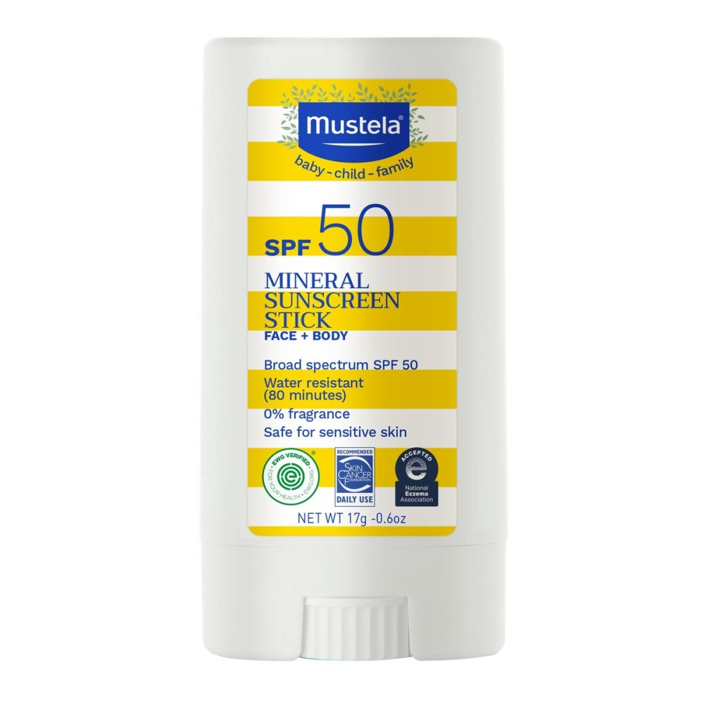 Mustela Baby Mineral Sunscreen Stick SPF 50 Broad Spectrum - Face & Body Sun Stick with 70% Organic Ingredients - Ultra Sheer, Water Resistant & Fragrance-Free - 0.6 oz (Pack of 1)