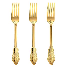N9R 100PCS Gold Plastic Forks, 7.48inch Disposable Gold Plastic Silverware, Heavy Duty Plastic Forks for Parties, Weddings and Events