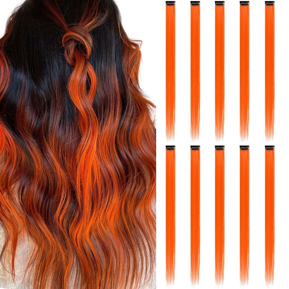 RINBOOOL Orange Hair Extensions Clip in for Kids Girls, 10 Pieces 22 Inch, Colored Heat Resistant Synthetic Hairpiece, Long Straight Streak Extension Clips Ins