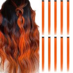 RINBOOOL Orange Hair Extensions Clip in for Kids Girls, 10 Pieces 22 Inch, Colored Heat Resistant Synthetic Hairpiece, Long Straight Streak Extension Clips Ins