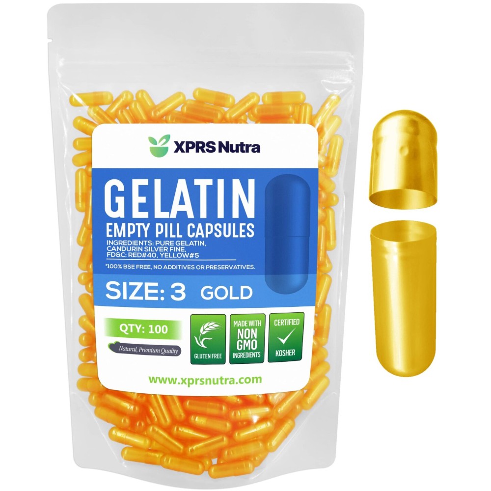 XPRS Nutra Size 3 Empty Capsules - 100 Count Empty Gelatin Capsules - Pills DIY Capsule Filling - Pure Bovine Pill Gel Caps Fillable for Do-It-Yourself Vitamins and Supplements (Gold)