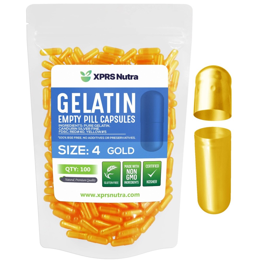 XPRS Nutra Size 4 Empty Capsules - 100 Count Small Empty Gelatin Capsules - Pills DIY Capsule Filling - Fillable Pure Bovine Pill Gel Caps for Do-It-Yourself Supplements (Gold)