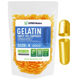 XPRS Nutra Size 4 Empty Capsules - 100 Count Small Empty Gelatin Capsules - Pills DIY Capsule Filling - Fillable Pure Bovine Pill Gel Caps for Do-It-Yourself Supplements (Gold)