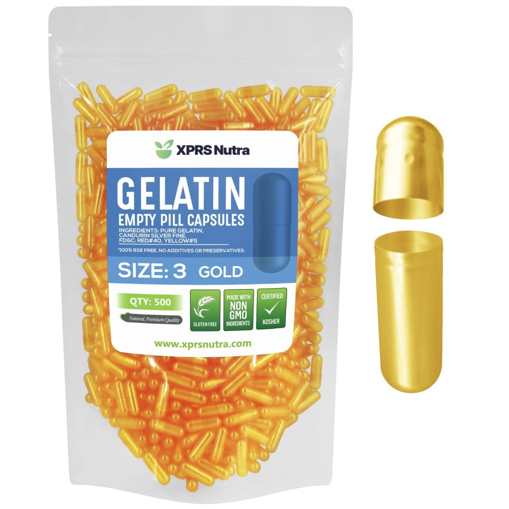 XPRS Nutra Size 3 Empty Capsules - 500 Count Empty Gelatin Capsules - Pills DIY Capsule Filling - Pure Bovine Pill Gel Caps Fillable for Do-It-Yourself Vitamins and Supplements (Gold)