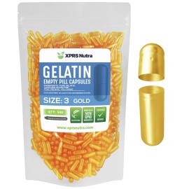 XPRS Nutra Size 3 Empty Capsules - 500 Count Empty Gelatin Capsules - Pills DIY Capsule Filling - Pure Bovine Pill Gel Caps Fillable for Do-It-Yourself Vitamins and Supplements (Gold)