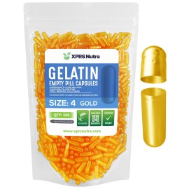 XPRS Nutra Size 4 Empty Capsules - 500 Count Small Empty Gelatin Capsules - Pills DIY Capsule Filling - Fillable Pure Bovine Pill Gel Caps for Do-It-Yourself Supplements (Gold)