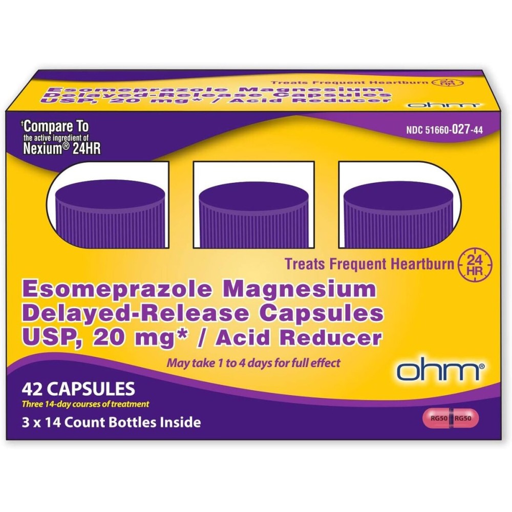 Ohm Esomeprazole Magnesium Delayed Release Capsules 20mg - Frequent Heartburn & Acid Reflux Relief, 24 Hour Chest & Stomach Acid Reducer (6 Weeks of Supply, 42, Count)