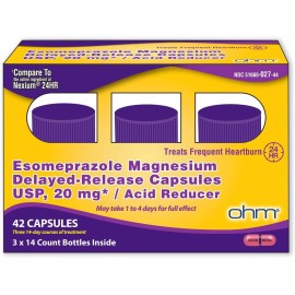 Ohm Esomeprazole Magnesium Delayed Release Capsules 20mg - Frequent Heartburn & Acid Reflux Relief, 24 Hour Chest & Stomach Acid Reducer (6 Weeks of Supply, 42, Count)