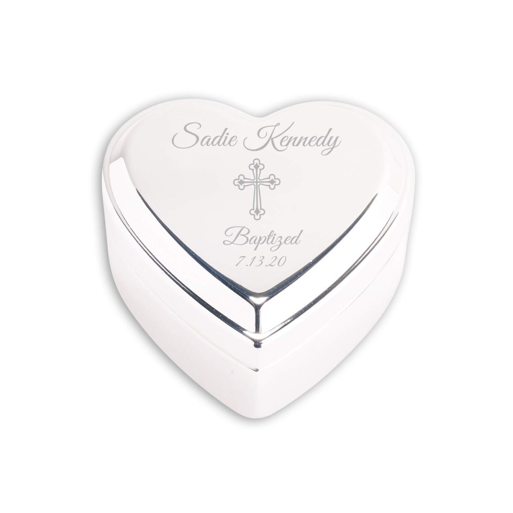 Cherished Moments Personalized Heart Jewelry Keepsake Box with Custom Engraved Cross and Name for Baby Baptism Gift for Girls, Silver Toned