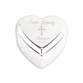 Cherished Moments Personalized Heart Jewelry Keepsake Box with Custom Engraved Cross and Name for Baby Baptism Gift for Girls, Silver Toned