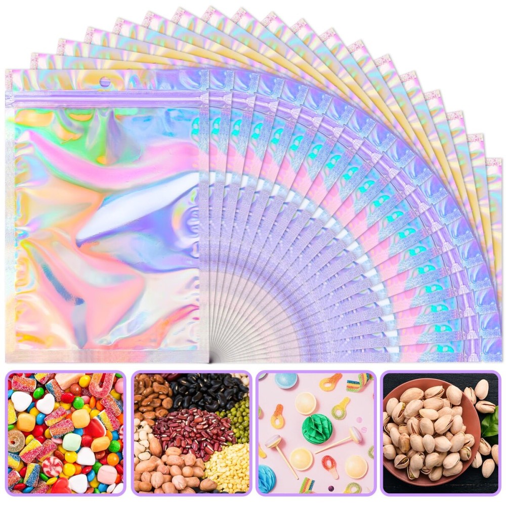 50 Pieces 5\'\' x 8 Holographic Bags Resealable Smell Proof Bags Holographic Rainbow Color Foil Pouch Zip Bag for Party Favor Food Storage, Coffee Beans, Candy & Jewelry Packaging