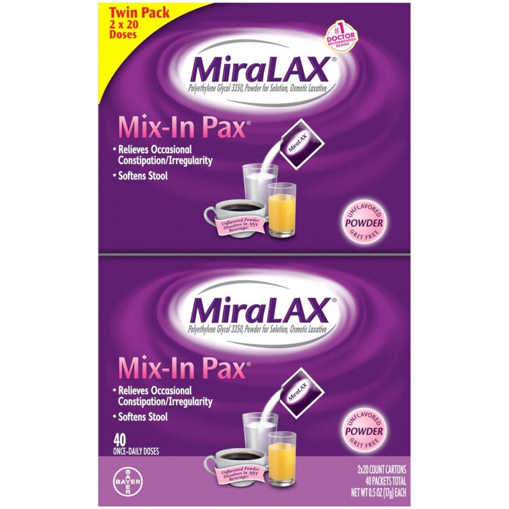 MiraLAX Laxative Powder for Gentle Constipation Relief for Adults, Stool Softener with PEG 3350, Nonstimulant Laxative, No Harsh Side Effects, Single Dose Mix-In Pax, Travel Pack, 40 Doses