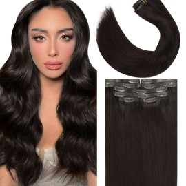 Lacer Hair Seamless Clip in Human Hair Extensions Ultra Thin Invisible PU Weft Clip On Hair Extensions 16 Inch 7Pcs 110g Hair Extensions Clip in Human Hair for Fine Thin Hair Women 2 Darkest Brown