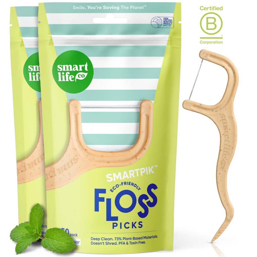 SmartLifeco Eco-Friendly Dental Floss Picks (100ct) - Flossers Made with Straw Wheat Blend, Superior Anti-Shred Thread for Tight Gaps, Tooth Pick Stick for Adults, Soft on Gum & Teeth, Vegan, Mint
