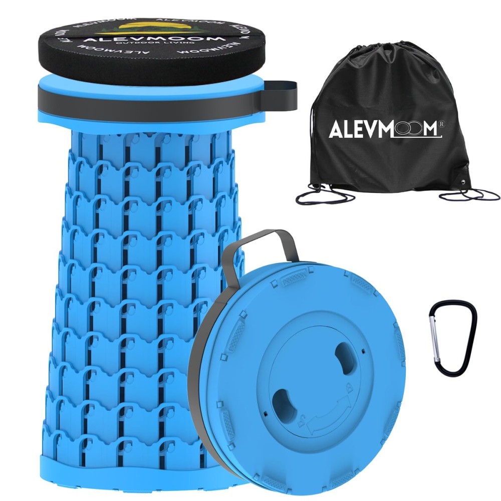 ALEVMOOM Upgraded Collapsible Stool with Cushion & Bag, 18 H Portable Retractable Telescoping Folding Stool for Adults, Lightweight But Sturdy Capacity 600 lbs for Camping Fishing Hiking Travel