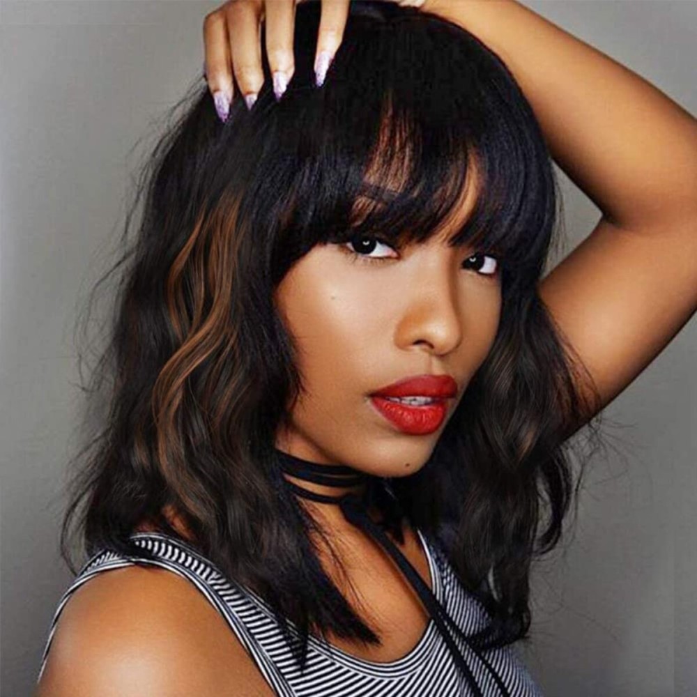 Ucubb Black Mixed Brown Wig for Black Women 14 Inch Short Wavy Hair Wigs Curly Bob Wig with Bangs Wigs Shoulder Length Wigs for Black Women Bob Style Synthetic Heat Resistant