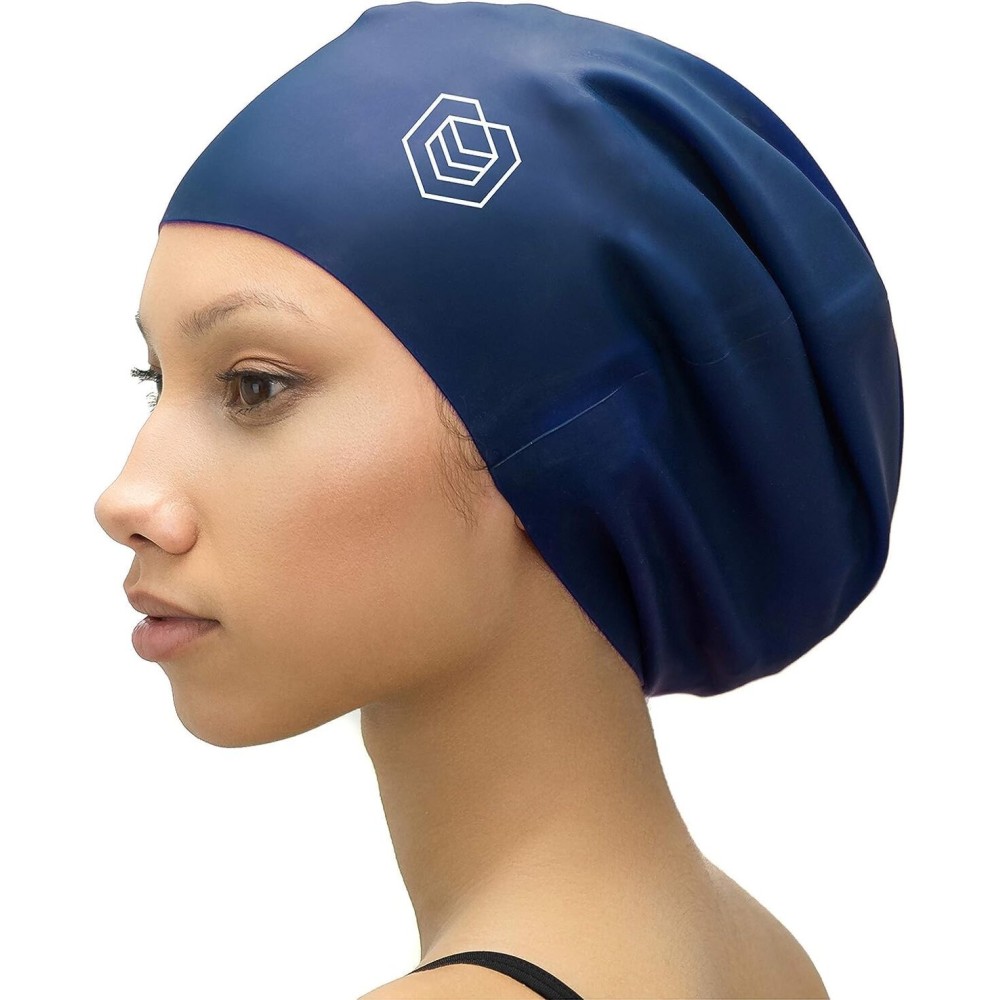 SOUL CAP Large Swimming Cap for Long Hair - Designed for Long Hair, Dreadlocks, Weaves, Hair Extensions, Braids, Curls & Afros - Women & Men - Silicone (M, Navy)