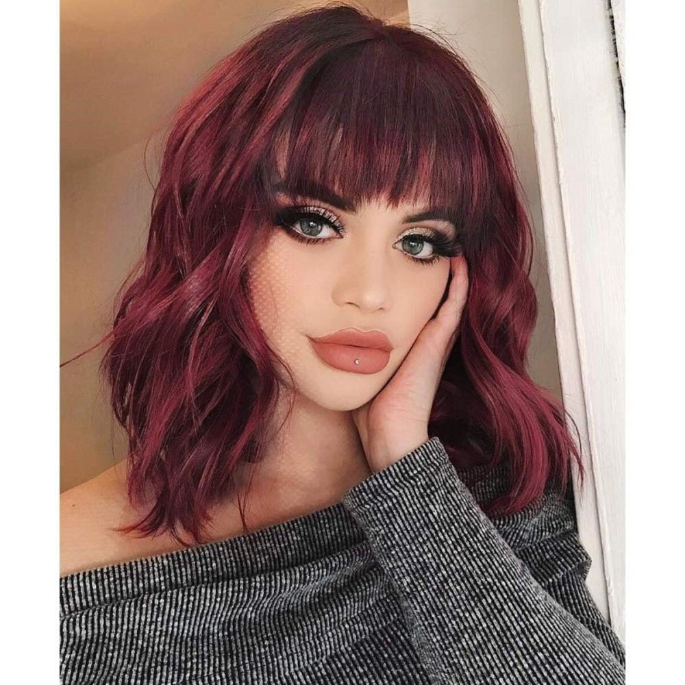 Ucubb Short Bob Wig with Bangs for Women Wine Red Wigs Synthetic Curly Wavy Hair Wigs Natural Looking Heat Resistant Fiber Hair for Women