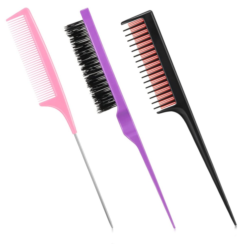 Patelai 3 Pieces Hair Styling Comb Set for Women\'s Back Combing - Teasing/Fluffy Brush, Rat Tail Comb, and Triple Combing Comb (Purple, Pink, Red)