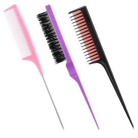 Patelai 3 Pieces Hair Styling Comb Set for Women\'s Back Combing - Teasing/Fluffy Brush, Rat Tail Comb, and Triple Combing Comb (Purple, Pink, Red)