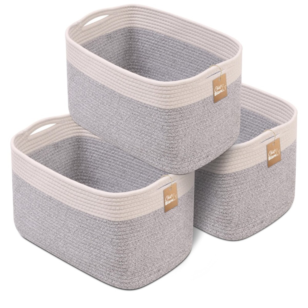 CHAT BLANC Cotton Rope Baskets for Organizing | Storage Baskets for Shelves | Rope Basket for Storage, Small Laundry Baskets, Woven Baskets for Storage, Dog Toy Bin, Baby Basket,Off White &Gray 3 Pack