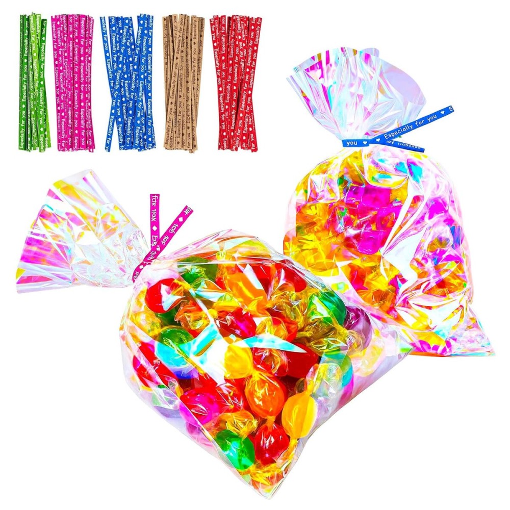 Cherodada 6x9 InchIridescent Cellophane Bags, with Twist Ties, Treat Bags for Candy Cookie Goodie Chocolates, And Popcorn
