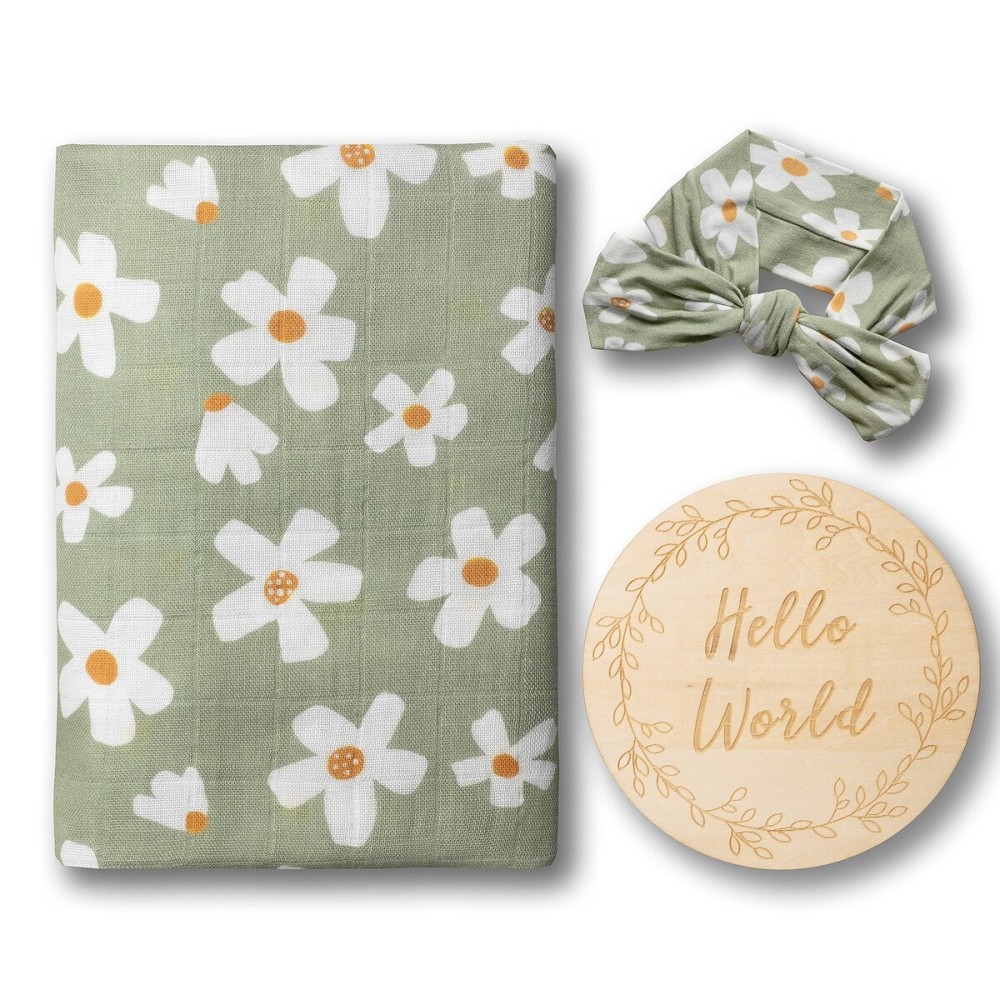 Miaoberry Daisy Garden Spring Floral Muslin Swaddle Set for Baby Girl|100% Organic Cotton Blanket with Matching Bow|Boho Indie Vintage Sage Green|Hospital Receiving Blanket