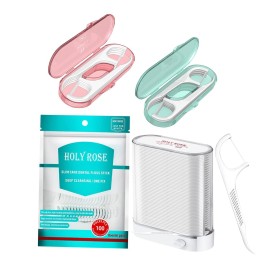 Holy Rose Dental Flossers Dispenser with Mini Floss Picks Portable Case, Bagged Refill of 208 Count for Adults - Tasteless Floss Sticks Ideal for Home, Travel, and Oral Care.