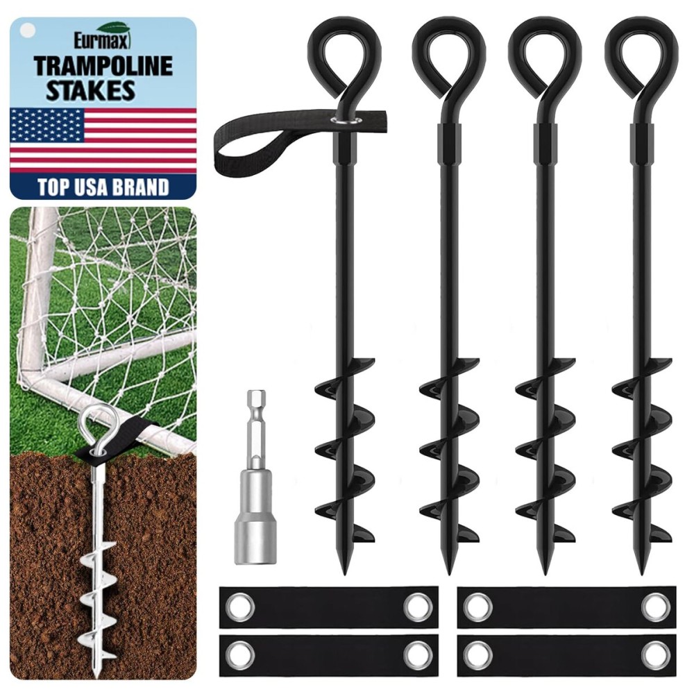 Eurmax USA Trampoline Stakes Screw in Tent Stakes Parts Heavy Duty for Canopies,4-Pack Outdoor Anchor Kit with Straps(Black)