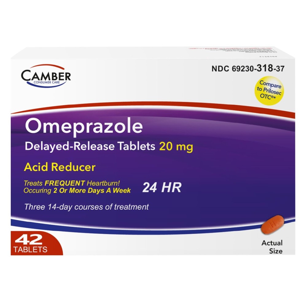 Camber Omeprazole 20mg Delayed-Release Tablets, Heartburn and Acid Reducer Reflux Medicine (42 Count)