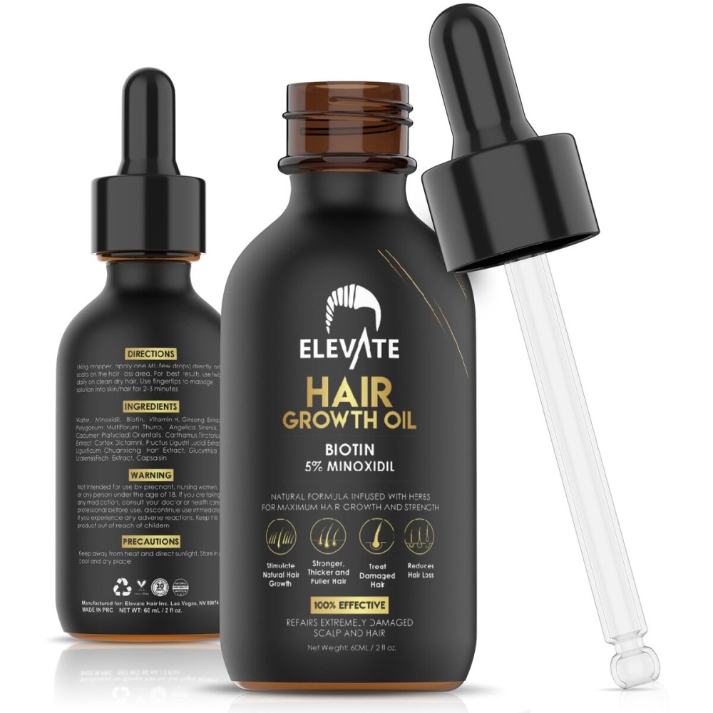 Elevate Hair Regrowth Treatment 5% Minoxidil Solution - Biotin Serum Hair Growth Oil for Men & Women - Thicker Fuller Stronger Hair - Stops Hair Loss & Thinning - Natural Hair Thickening Treatment 2oz