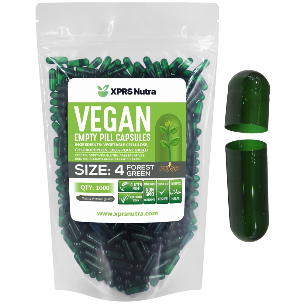 XPRS Nutra Size 4 Empty Capsules - 1000 Count Small Empty Vegan Capsules - Vegetarian Pills - DIY Vegetable Capsule Filling - Fillable Do-It-Yourself Veggie Caps for Supplements (Forest Green)