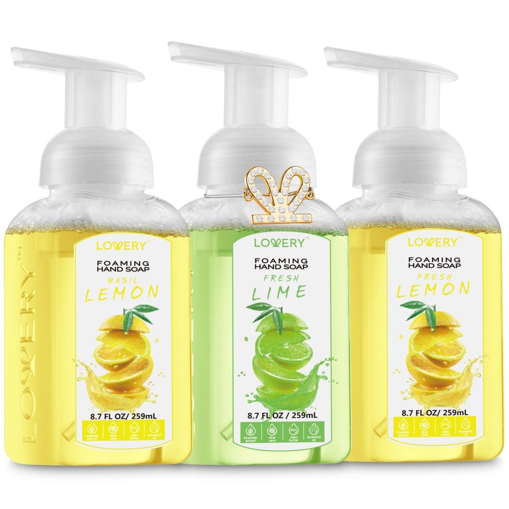 Foaming Hand Soap - Pack of 3 - Moisturizing Hand Soap with Aloe Vera & Essential Oils - - Alcohol-Free Hand Wash in Fresh Lemon, Lemon Lime, Basil Lemon Scent - Scented Hand Wash for Kitchen or Bathroom - Free Flawless Crystal Bracelet