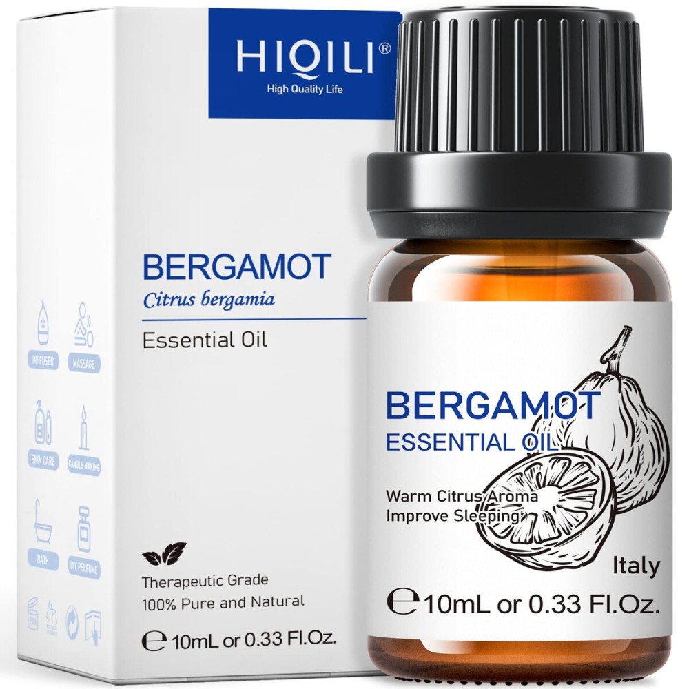 HIQILI Bergamot Essential Oil for Diffuser, Skin, Hair, DIY, 100% Pure & Natural, Travel Size - 0.33 Fl Oz (10 mL)