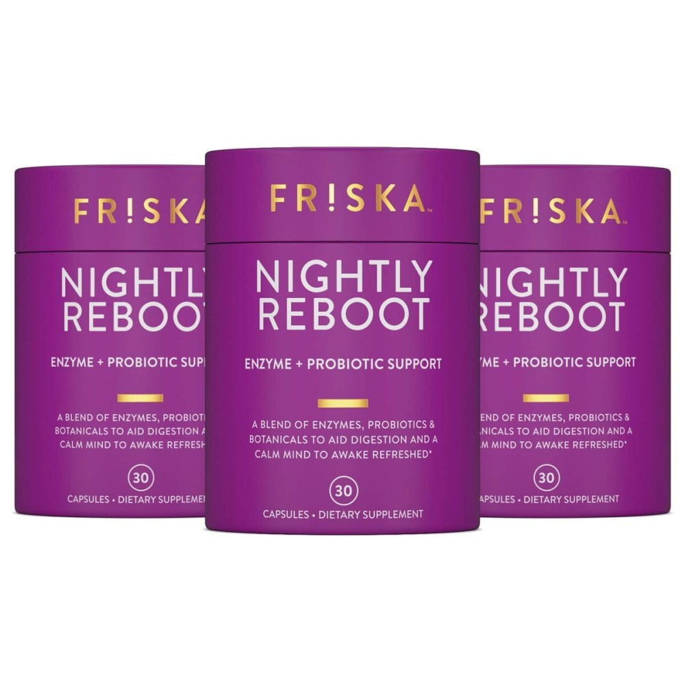 FRISKA Nightly Reboot Enzyme and Probiotics Supplement, Promotes Better Digestion and Sleep, Supports Gut Health for Men and Women, Melatonin, Chamomile, 90 Capsules