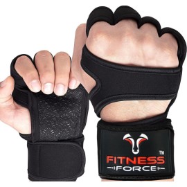 FITNESS FORCE Ventilated Weightlifting Gloves Workout Gloves for Men & Women with Built-in Wrist Wraps Fingerless Gym Gloves for Men Perfect for Exercise Fitness, Weight Lifting, Cross Training