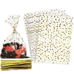 COQOFA 100 Pcs Star Printed 3X 5 Gift Wrap Cello Cellophane Treat Bags Party Favor bags Clear Candy Cookie Bags Plastic Poly Goodie Storage Bags with Twist Ties for Bakery,Birthday, Wedding ,Party Decorations (Gold)