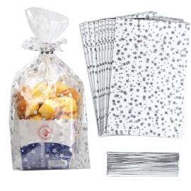 COQOFA 100 Pcs Star Printed 8X 12 Gift Wrap Cello Cellophane Treat Bags Party Favor bags Clear Candy Cookie Bags Plastic Poly Goodie Storage Bags with Twist Ties for Bakery,Birthday, Wedding ,Party Decorations (Silver)