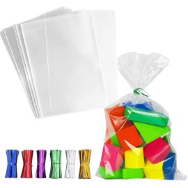 LEOSINDA100 Pack Cellophane Bags, 6x10 Inch Clear Flat Cello Cellophane Treat Bags 6 Mix Colors Twist Ties for Party Favors,Bakery, Cookies, Candies,Dessert, Easter Goodie Wraps