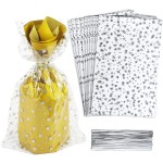COQOFA 100 Pcs Star Printed 7X 12 Gift Wrap Cello Cellophane Treat Bags Party Favor bags Clear Candy Cookie Bags Plastic Poly Goodie Storage Bags with Twist Ties for Bakery,Birthday, Wedding ,Party Decorations (Silver)