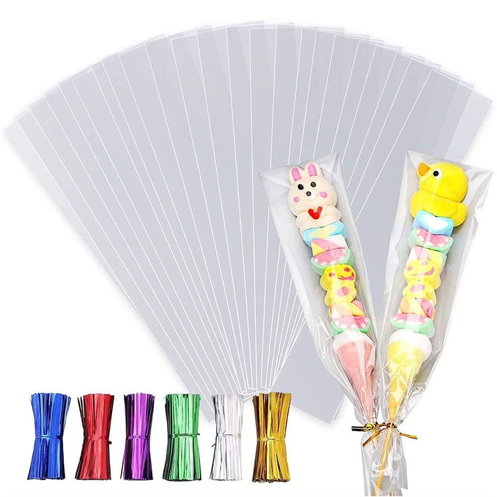 LEOSINDA 100pcs Cellophane Treat Bags 2 X 10 Clear Long Flat Gift Wrap Cellophane Bags with 6 Mix Colors Twist Ties Cello Goodie Treat Bags Bakery Party favor Packaging