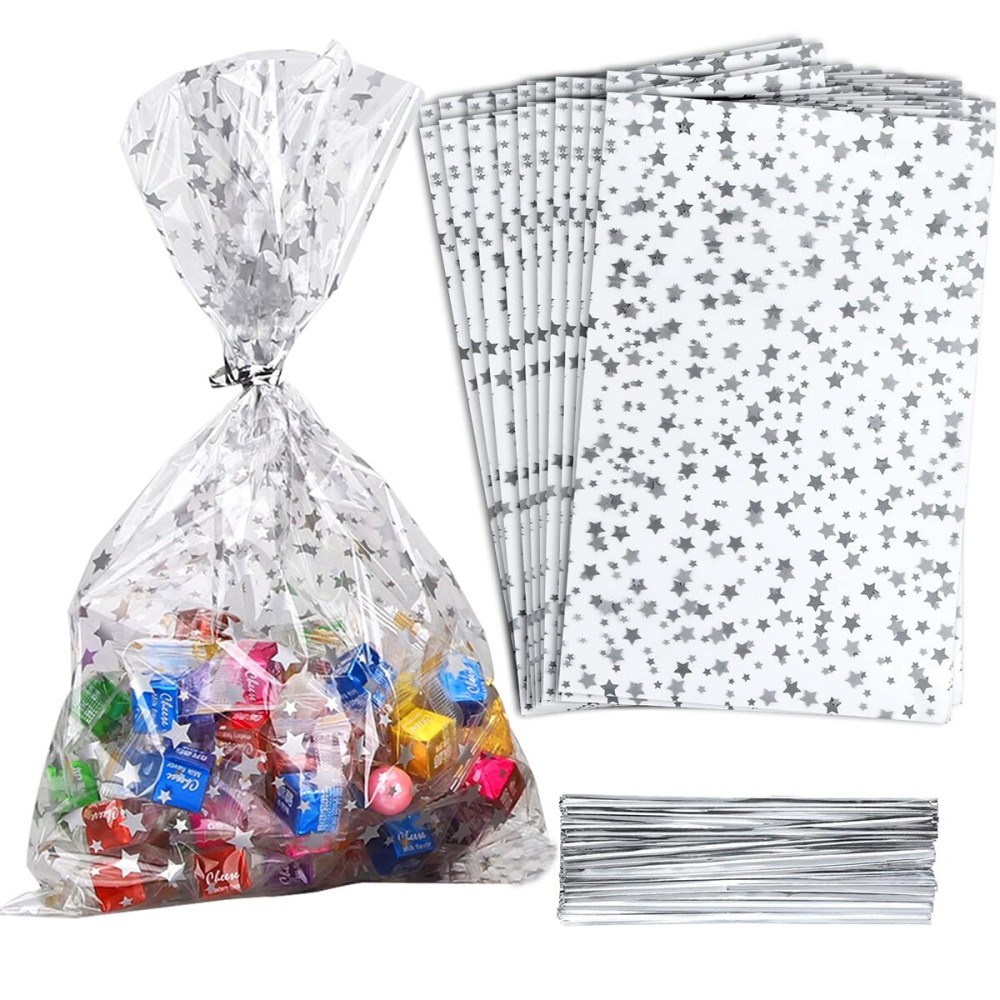 COQOFA 100 Pcs Star Printed 5X 11 Gift Wrap Cello Cellophane Treat Bags Plastic Poly Goodie Storage Bags with Twist Ties for Bakery, Birthday, Wedding, Party Decorations (Silver)