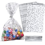 COQOFA 100 Pcs Star Printed 5X 7 Gift Wrap Cello Cellophane Treat Bags Party Favor bags Clear Candy Cookie Bags Plastic Poly Goodie Storage Bags with Twist Ties for Bakery,Birthday, Wedding ,Party Decorations (Silver)