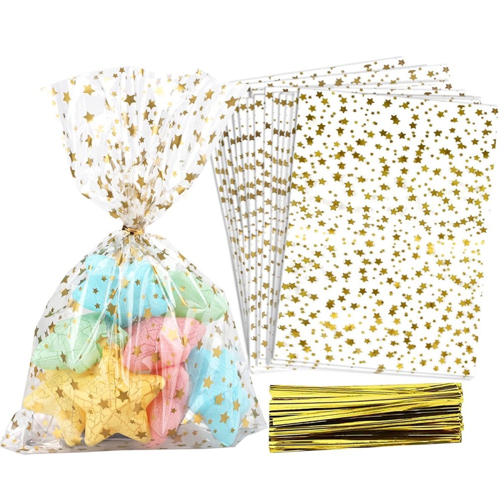COQOFA 100 Pcs Star Printed 5X 7 Gift Wrap Cello Cellophane Treat Bags Party Favor bags Clear Candy Cookie Bag Plastic Poly Goodie Storage Bag with Twist Ties for Bakery,Birthday, Wedding ,Party Decorations (Gold)