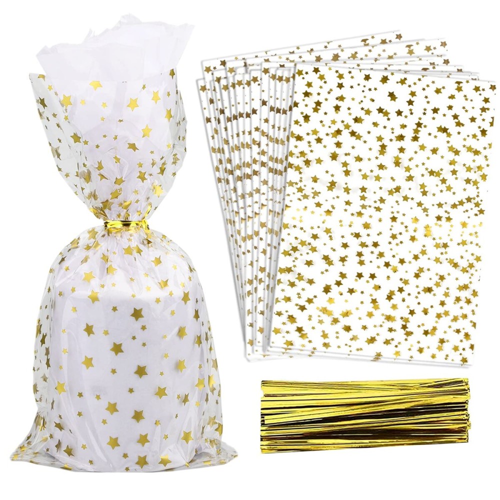 COQOFA 100 Pcs Star Printed 6X10 Gift Wrap Cello Cellophane Treat Bags Party Favor bags Clear Candy Cookie Bags Plastic Poly Goodie Storage Bags with Twist Ties for Bakery,Birthday, Wedding ,Party Decorations (Gold)