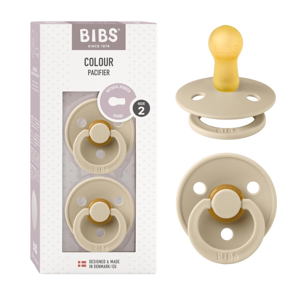 BIBS Pacifiers Colour Collection | Natural Rubber Baby Pacifier | Round Nipple | Set of 2 BPA-Free Soothers | Made in Denmark | 0+ Months (Pack of 2) | Vanilla